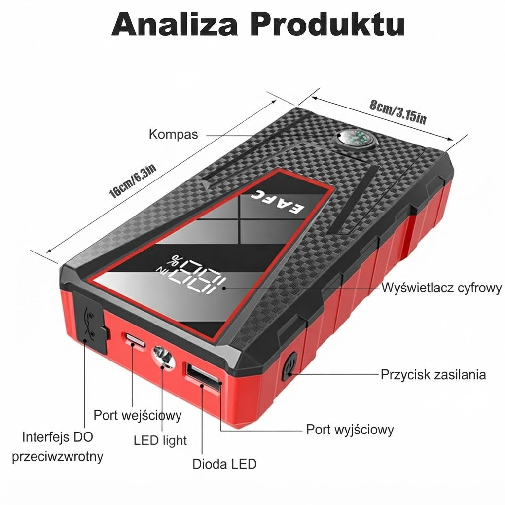 Booster rozruchowy 600 A z power bankiem i latarką